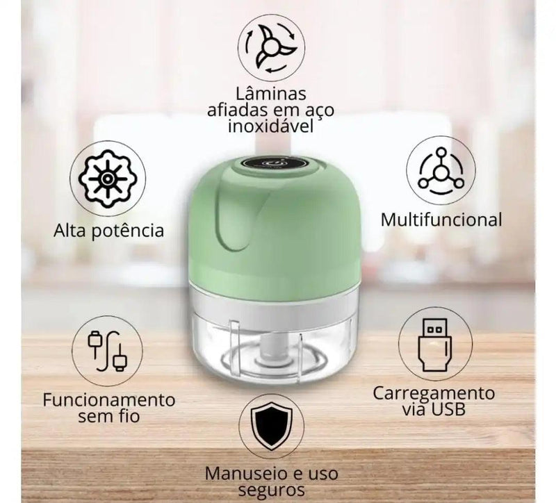 Mini Processador/Triturador Elétrico, 3 Laminas, Recarregável USB 250ml